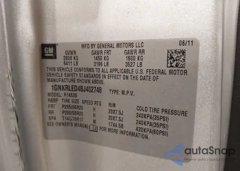 2011 Chevrolet Traverse Ltz from USA, damaged, VIN 1GNKRLED4BJ402748